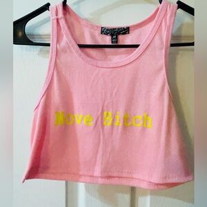 Dolls Kill Pink Crop Top with Yellow Graphic ‘Move B!+ch’